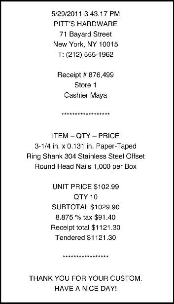 Till Receipt from Pitt’s Hardware, NY, 29TH JUNE 2011