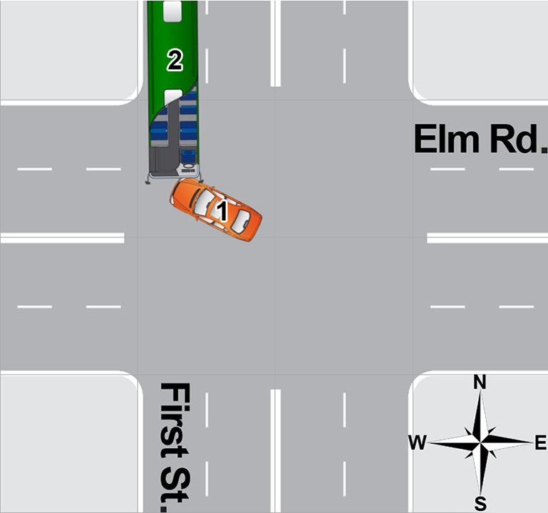 An overhead diagram of a traffic accident.