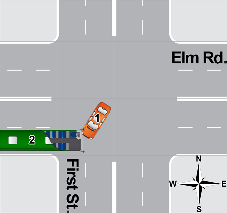 An overhead diagram of a traffic accident.