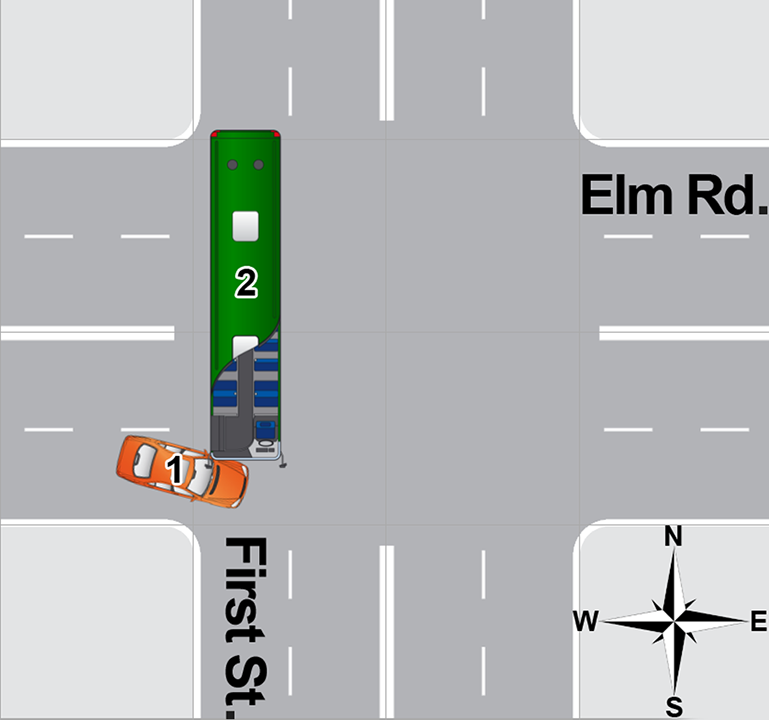 An overhead diagram of a traffic accident.