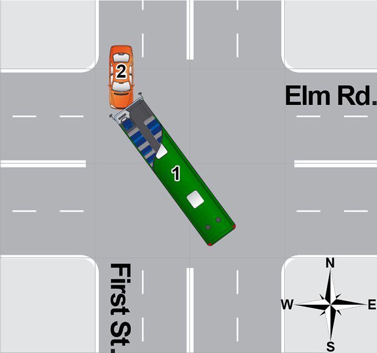 An overhead diagram of a traffic accident.