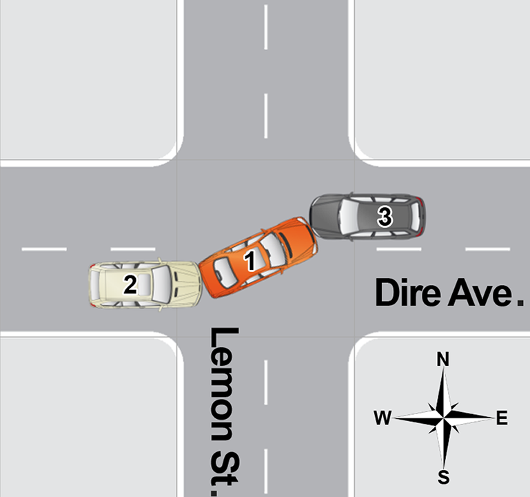 An overhead diagram of a traffic accident.