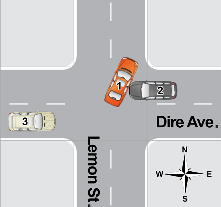 An overhead diagram of a traffic accident.