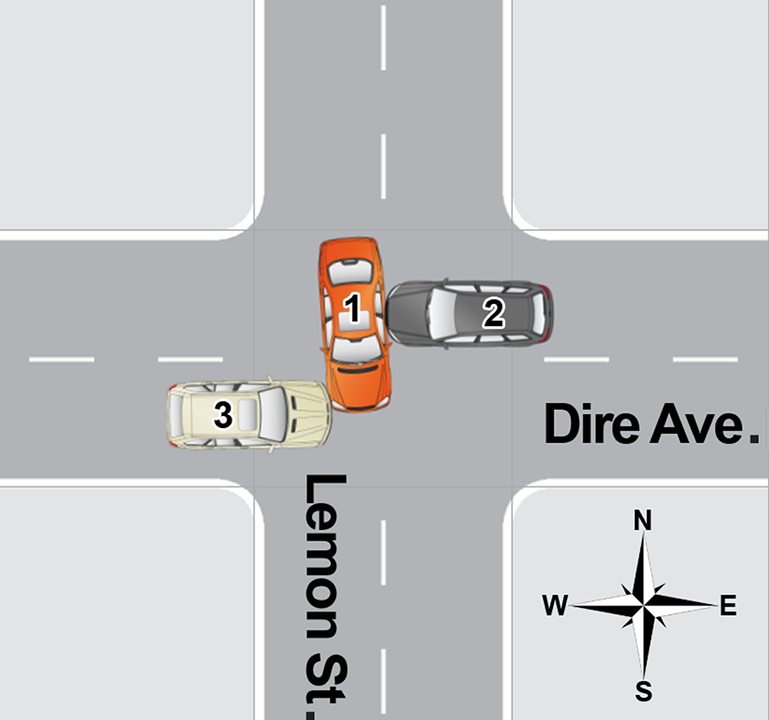 An overhead diagram of a traffic accident.