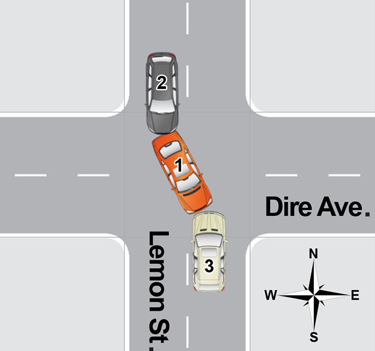 An overhead diagram of a traffic accident.