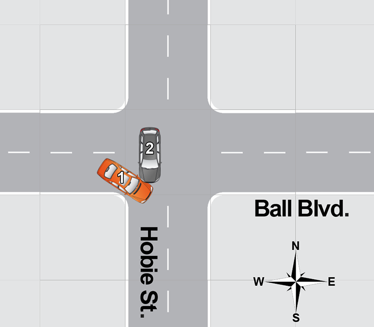 An overhead diagram of a car accident.