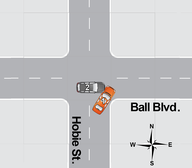 An overhead diagram of a car accident.