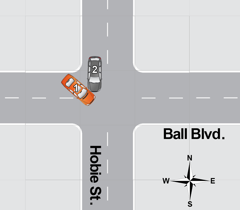 An overhead diagram of a car accident.