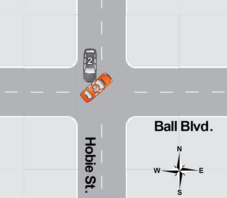 An overhead diagram of a car accident.