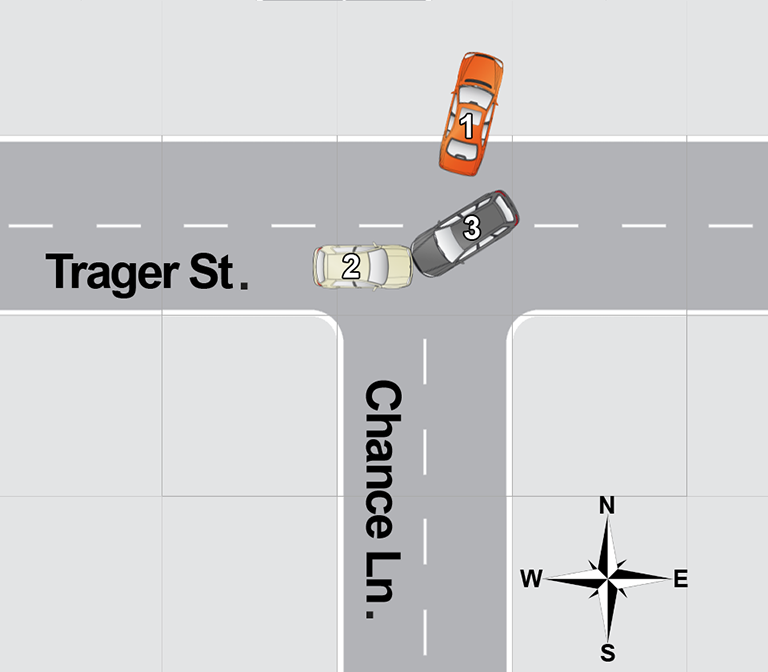 An overhead diagram of a car accident.