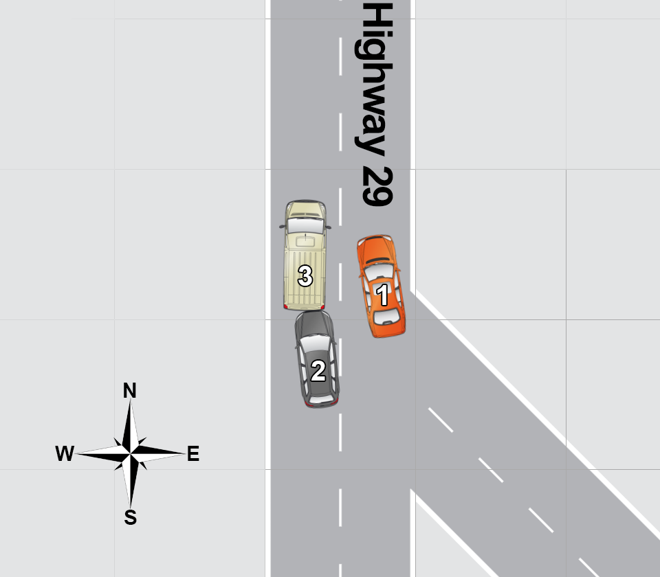 An overhead diagram of a traffic accident.