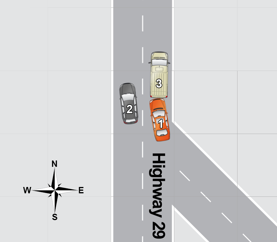 An overhead diagram of a traffic accident.