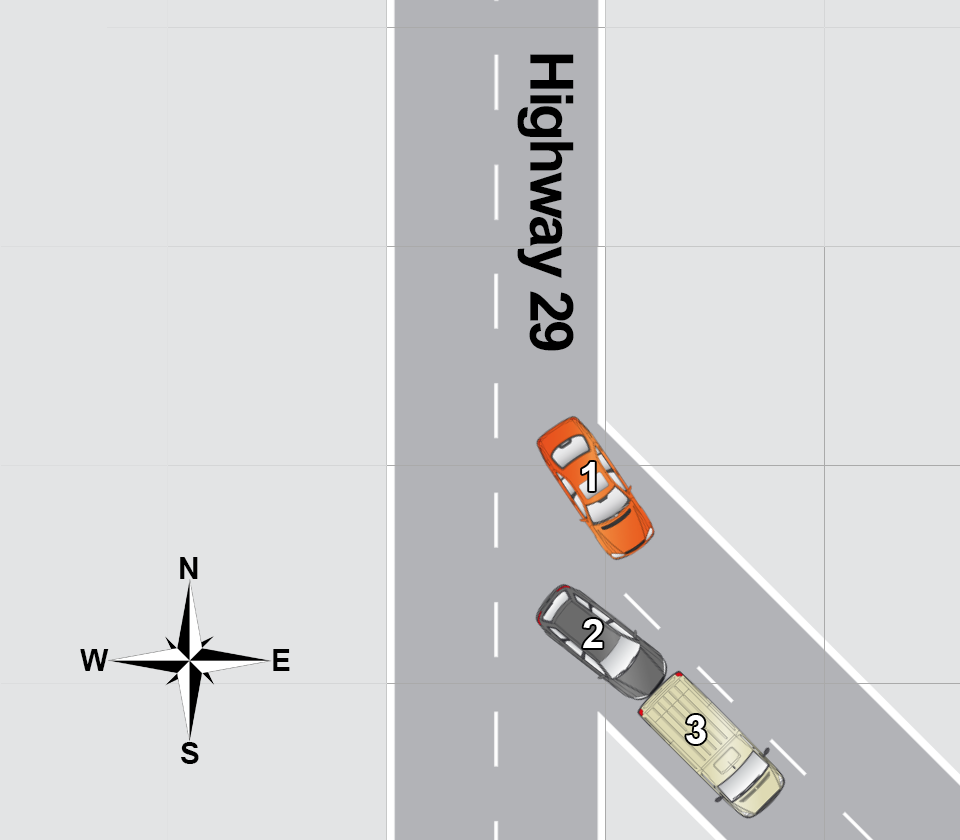 An overhead diagram of a traffic accident.