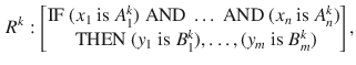 $$\begin{aligned} {R^k}:\begin{bmatrix} {\text {IF }}(x_{1}{\text { is }} A_{1}^{k}){\text { AND }}\ldots {\text { AND }}(x_{n}{\text { is }} A_{n}^{k})\\ {\text { THEN }}(y_{1}{\text { is }}B_{1}^{k}),\ldots ,(y_{m}{\text { is }} B_{m}^{k}) \end{bmatrix}, \end{aligned}$$