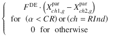 $$\left\{ {\begin{array}{cc} {{F^{\mathrm{{DE}}}}\cdot \left( {X_{ch1,g}^{\mathrm{{par}}}-X_{ch2,g}^{\mathrm{{par}}}}\right) }\\ {\begin{array}{cc} {\mathrm{{for}}}&{}{\left( {\alpha <CR}\right) \mathrm{{or}} \left( {ch=RInd}\right) } \end{array}}\\ {\begin{array}{ccc} 0&{}{\mathrm{{for}}}&{}{\mathrm{{otherwise}}} \end{array}} \end{array}}\right. $$