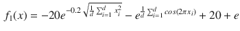 $$\begin{aligned} f_1(x)=-20e^{-0.2\sqrt{ \frac{1}{d} \sum _{i=1}^{d}x_i^2}}-e^{\frac{1}{d} \sum _{i=1}^{d}cos(2\pi x_i)}+20+e \end{aligned}$$