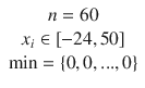 $$\begin{array}{c} n=60 \\ x_i\in [-24,50]\\ \min =\left\{ {0,0,...,0}\right\} \end{array}$$