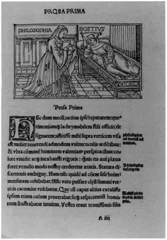 Boethius, Consolation of Philosophy, Textus Boetij: Anitij Manlij Torquati Seuerini Boetij . . . consolatio philosophica. Lyon: Simon Vincent, 1510. Reproduced from original held by Department of Special Collections of the University Libraries of Notre Dame.