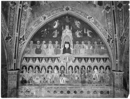 Andrea di Bonaiuto (fourteenth century), Triumph of Saint Thomas Aquinas. At the feet of Saint Thomas are the heretics Sabellius, Averroës, and Arius. Spanish Chapel, Santa Maria Novella, Florence. Photo: © Scala/Art Resource, N.Y.