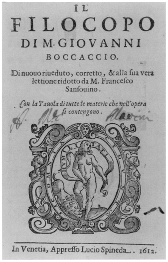 Giovanni Boccaccio, Il Filocolo. Venice: Lucio Spineda, 1612. Reproduced from original held by Department of Special Collections of the University Libraries of Notre Dame.