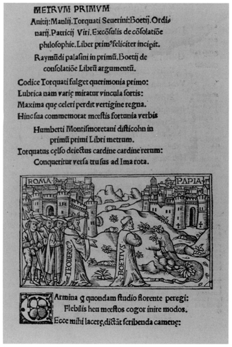 Boethius, Consolation of Phibsophy. Textus Boetij: Anitij Manlij Torquati Seuerini Boetij . . . consolatio philosophica. Lyon: Simon Vincent, 1510, Reproduced from original held by Department of Special Collections of the University Libraries of Notre Dame.