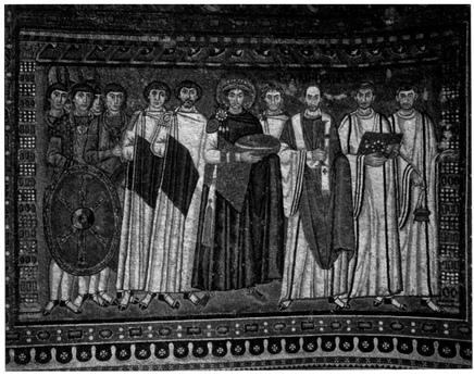 Court of Justinian. Early Christian mosaic (500-525). San Vitale, Ravenna. Photo: © Scala/Art Resource, N.Y.