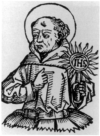 Saint Bernardino of Siena. Hartmann Schedel, Liber chronicarum (Nuremberg Chronicle). Nuremberg: Anton Koberger, 1493, p. 248r.