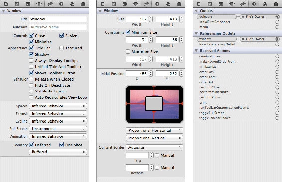 Attributes, size, and connections inspectors