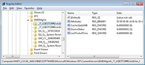 ReadyBoost device test results in the registry