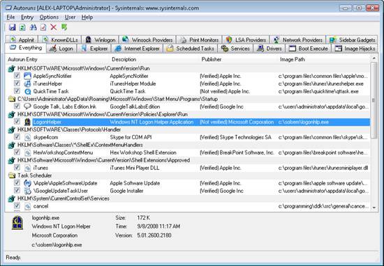 The Autoruns tool available from Sysinternals