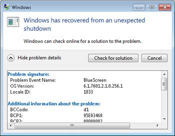 Crash dump error reporting dialog box