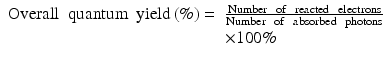 
$$ \begin{array}{ll}\mathrm{Overall}\kern0.5em \mathrm{quantum}\kern0.5em \mathrm{yield}\left(\%\right)=& \frac{\mathrm{Number}\kern0.5em \mathrm{of}\kern0.5em \mathrm{reacted}\kern0.5em \mathrm{electrons}}{\mathrm{Number}\kern0.5em \mathrm{of}\kern0.5em \mathrm{absorbed}\kern0.5em \mathrm{photons}}\hfill \\ {}& \times 100\%\hfill \end{array} $$
