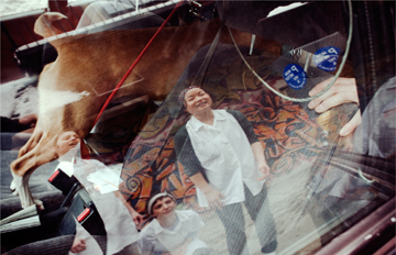 Momofuku Milk Bar kitchen staff outside, caught in the reflection of a car window