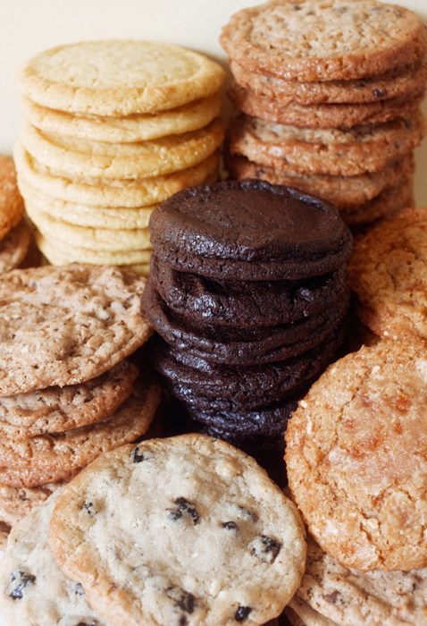 Various cookies, stacked by kind