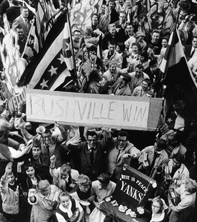 The Braves of Bushville featured an eclectic roster, including the future all-time home-run king, a future NBA champion, six future big-league managers, and four future Hall of Famers. (robert koehler collection)