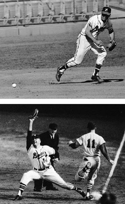 Eddie Mathews’s fielding and cannon arm at third base (above) continued to improve as he led the league in assists, while across the diamond first baseman Frank Torre (below) led all National League first basemen in fielding percentage in 1957. (ROBERT KOEHLER COLLECTION)