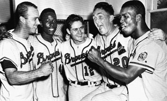 The 1957 Braves established a franchise-record 199 homers and led the league in runs and triples while finishing with a .269 team batting average behind the bats of (from left to right) Eddie Mathews, Henry Aaron, Bob Hazle, Don McMahon, and Wes Covington. (DAVID KLUG COLLECTION)