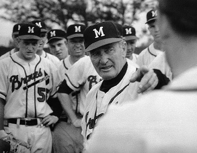 Braves manager Fred Haney (pointing) was called “Little Napoleon” by many of his players due to his 5’6” stature and strict workout regimens. (WHI IMAGE ID 49246)