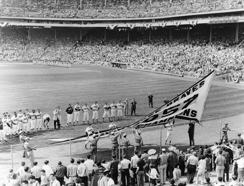 The Braves raised their 1957 world championship pennant above County Stadium before the start of the Opening Day game in 1958. (COURTESY OF MIKE RODELL)