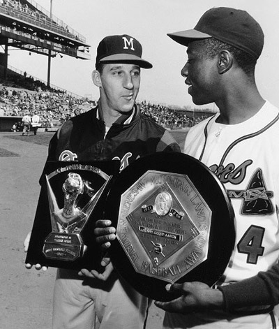 Warren Spahn and Henry Aaron received their respective 1957 Cy Young and MVP awards at County Stadium. (ROBERT KOEHLER COLLECTION)