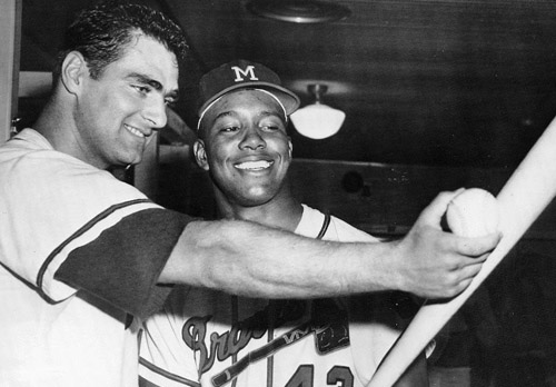 Milwaukee ended its five-game losing streak on July 6 by shutting out the Pittsburgh Pirates 2–0 behind the pitching of Joey Jay (left) and Wes Covington (right), who homered in the seventh inning. (DAVID KLUG COLLECTION)