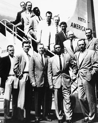 The 1958 World Series–bound Braves were again led by (from top left) Warren Spahn, Frank Torre, Henry Aaron, Eddie Mathews, Red Schoendienst, Johnny Logan, manager Fred Haney, Del Rice, Ernie Johnson, Wes Covington, Del Crandall, Joe Adcock, and Lou Burdette. (DAVID KLUG COLLECTION)