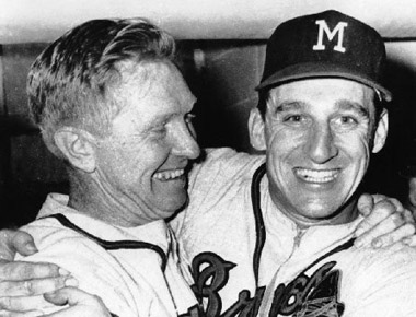 Helping to give Milwaukee a commanding three-games-to-one Series lead, Red Schoendienst (left) connected for a triple in the sixth inning of Game Four and scored the Braves’ first run, while his fielding helped preserve Warren Spahn’s (right) two-hit shutout. (DAVID KLUG COLLECTION)