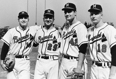 Milwaukee Braves “bonus babies” Hawk Taylor (19), Mel Roach (29), Joey Jay (42), and John DeMerit (18) signed in an era when there was a wide-open market for amateur players. In an attempt to keep signing bonuses under control, players who received more than a $6,000 reward for turning pro were prohibited from being sent to the minor leagues for two years. The flawed system often prevented players from maturing in the minors and eventually led to the birth of the amateur draft. (ROBERT KOEHLER COLLECTION)