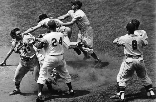 Johnny Logan (23) hurled punches at any Dodgers that got in his way during a June 13, 1957, brawl. (COURTESY OF MIKE RODELL)