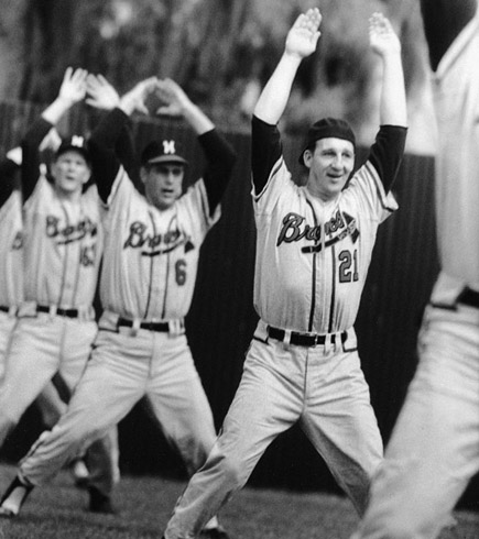 Warren Spahn (with cap on backward) kept his teammates relaxed with his continual banter and antics. (robert koehler collection)