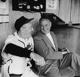 Fred Haney (pictured left with owner Lou Perini) had the highest winning percentage of any manager in baseball during his time with the Braves between 1956 and 1959. (WHI IMAGE ID 49325)