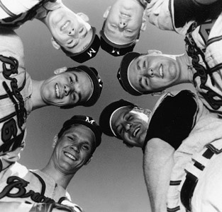 During the Braves 1961 spring training, several Wisconsin natives attempted to make the opening day roster, including (clockwise from bottom left) Dennis Overby, Dave Fracaro, John Braun, Clair Hickman, Bob Botz, and Bob Uecker. (ROBERT KOEHLER COLLECTION)