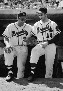 Catcher Joe Torre (on left with brother Frank) finished second behind the Cubs’ Billy Williams in the 1961 National League Rookie of the Year voting. (DAVID KLUG COLLECTION)