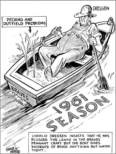 Milwaukee struggled to keep afloat in the National League standings during the 1961 season. (COURTESY MARQUETTE UNIVERSITY ARCHIVES, FRANK J. MARASCO CARTOON COLLECTION)